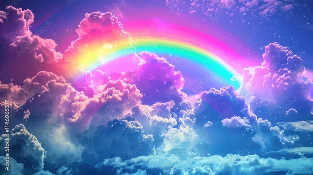 A vibrant rainbow arches across a sky filled with fluffy, colorful clouds, creating a dreamy and magical atmosphere. The scene is illuminated by soft sunlight, enhancing the vivid colors. A vibrant rainbow arches across a sky filled with fluffy, colorful clouds, creating a dreamy and magical atmosphere. The scene is illuminated by soft sunlight, enhancing the vivid colors.