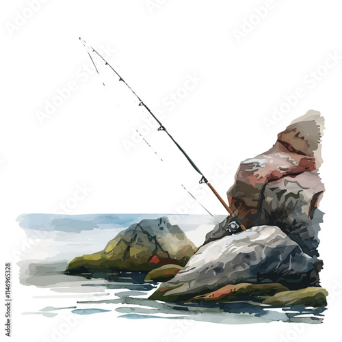 A watercolor vector of a fishing rod propped on a rocky shore, isolated on a white background. Fishing rod rocky shore vector.
