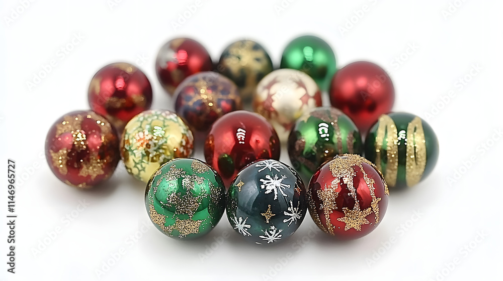 A collection of festive Christmas ornaments in red, green, and gold. Each ball features unique patterns and glittery accents, perfect for adding holiday cheer.
