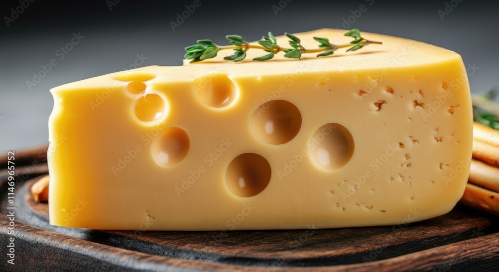 Yellow cheese wedge with large holes, topped herbs, on wooden board Yellow cheese wedge with large holes, topped herbs, on wooden board