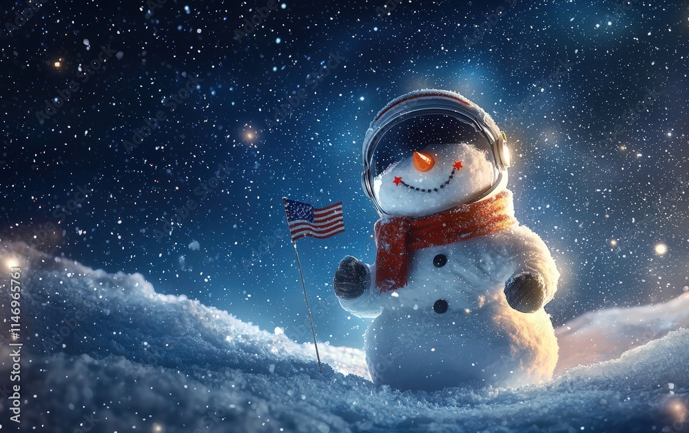 A snowman as an astronaut with a space helmet and a flag planted in the snow, with a starry sky above A snowman as an astronaut with a space helmet and a flag planted in the snow, with a starry sky above