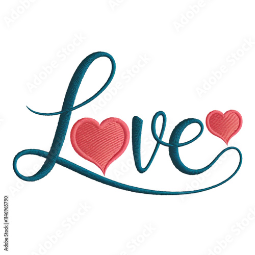 A embroidery script spells out the word love with the letters elegantly looping around a central heart shape.
