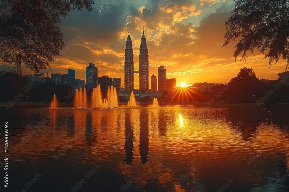 Fototapeta premium Stunning Kuala Lumpur Sunset with Twin Towers Reflection