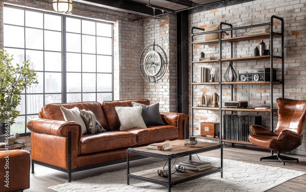 An industrial living room with a brown leather sofa, metal shelving, and exposed pipes in the ceiling An industrial living room with a brown leather sofa, metal shelving, and exposed pipes in the ceiling