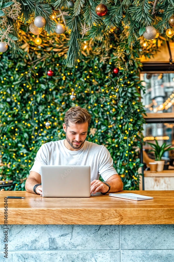 Man working on laptop in festive cafe decorated with Christmas lights and greenery