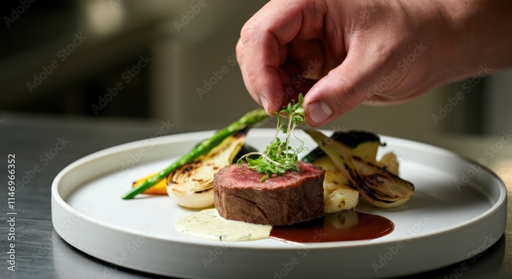 Hand garnishing gourmet steak dish with fresh herbs on white plate