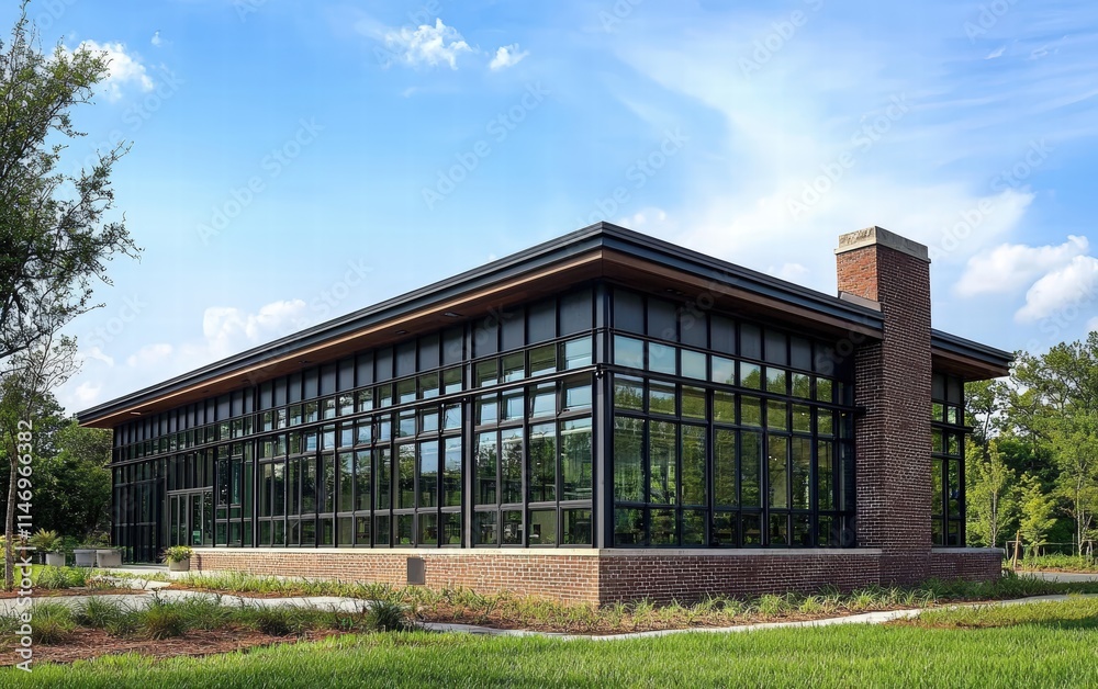 Obraz premium An industrial-style house exterior with steel cladding, large windows, and a brick foundation
