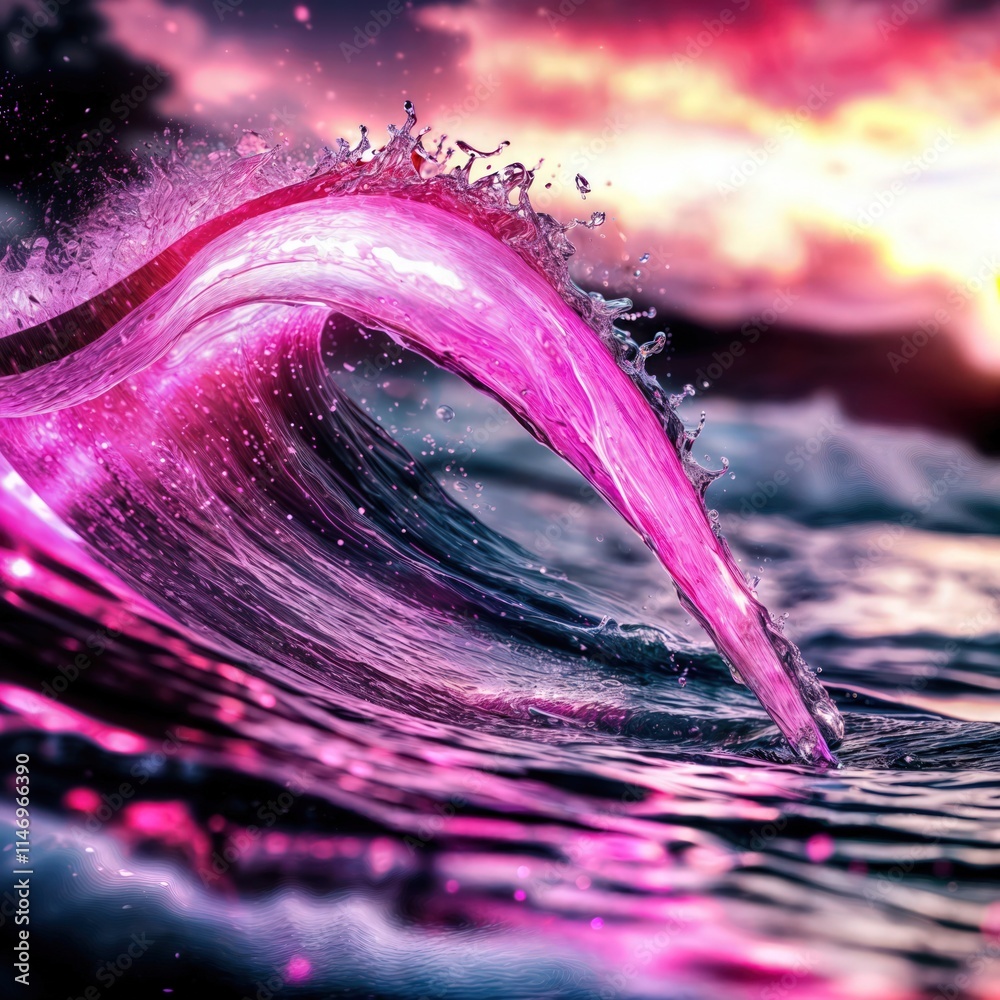 Vibrant pink wave crashing in ocean at sunset with surreal colorful reflections