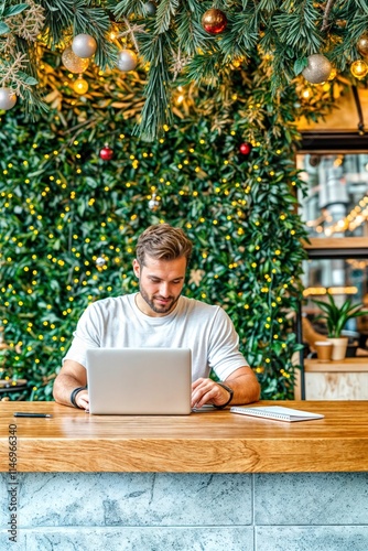 Obraz na płótnie Man working on laptop in festive cafe decorated with Christmas lights and greenery
w salonie
