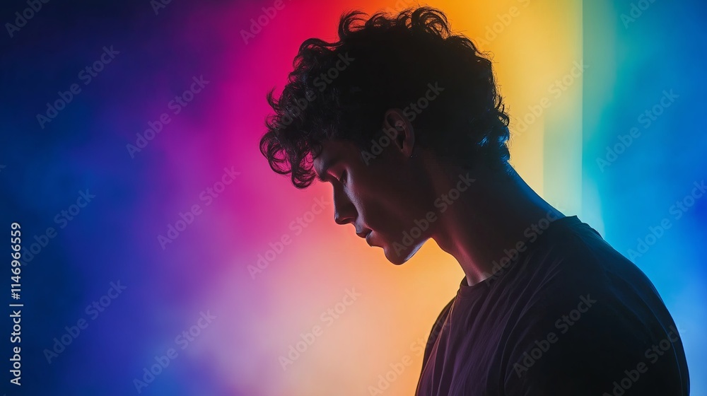 Portrait of a young man with curly hair silhouetted against a colorful, gradient background, showcasing vibrant lighting and deep shadows in an artistic environment Portrait of a young man with curly hair silhouetted against a colorful, gradient background, showcasing vibrant lighting and deep shadows in an artistic environment