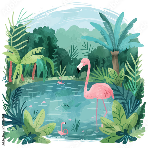 A watercolor drawing of a flamingo standing in a tropical pond, isolated on a white background. Flamingo tropical pond vector.
