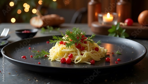 Perfect presentation: pasta with cheese, seasoned with juicy red berries and green sprigs of rosemary on a minimalist plate with burning candles in the interior of a trendy cafe. Culinary public photo