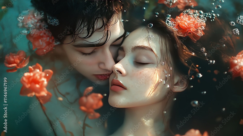Couple submerged in water surrounded by blooming flowers moments of intimacy captured gently in a serene underwater environment Couple submerged in water surrounded by blooming flowers moments of intimacy captured gently in a serene underwater environment