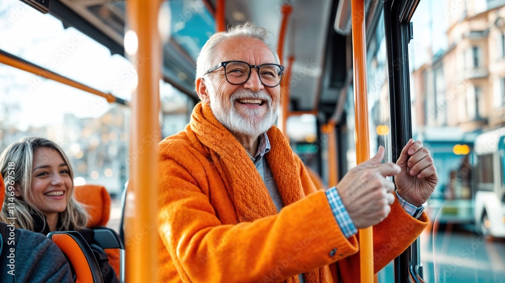 Senior man smiling on public transport bus, enjoying daily commute in city