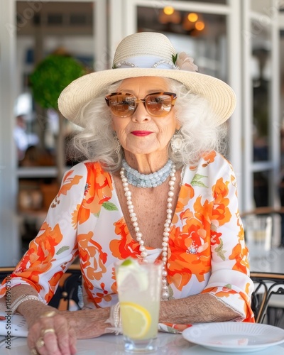 A stylish elderly woman in a vibrant floral outfit sits at a cafÃ© table, exuding elegance with her sunglasses and accessories, perfect for themes of fashion, aging gracefully, or leisure lifestyle, photo