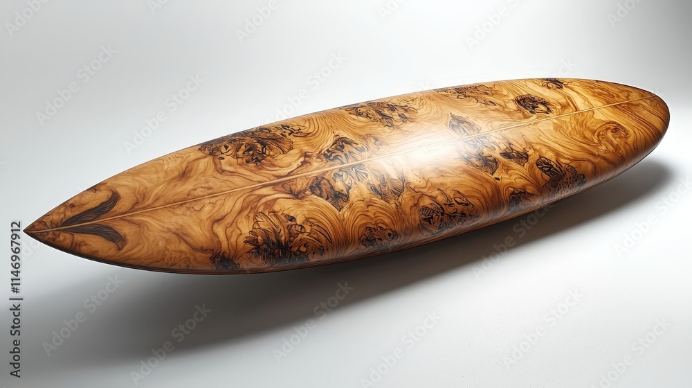 Artistic wooden surfboard with intricate hawaiian design Artistic wooden surfboard with intricate hawaiian design