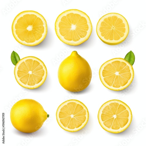 Set of sliced lemon citrus fruit lying down isolated on white background. Lemon slices in row with clipping path. Full depth of field.