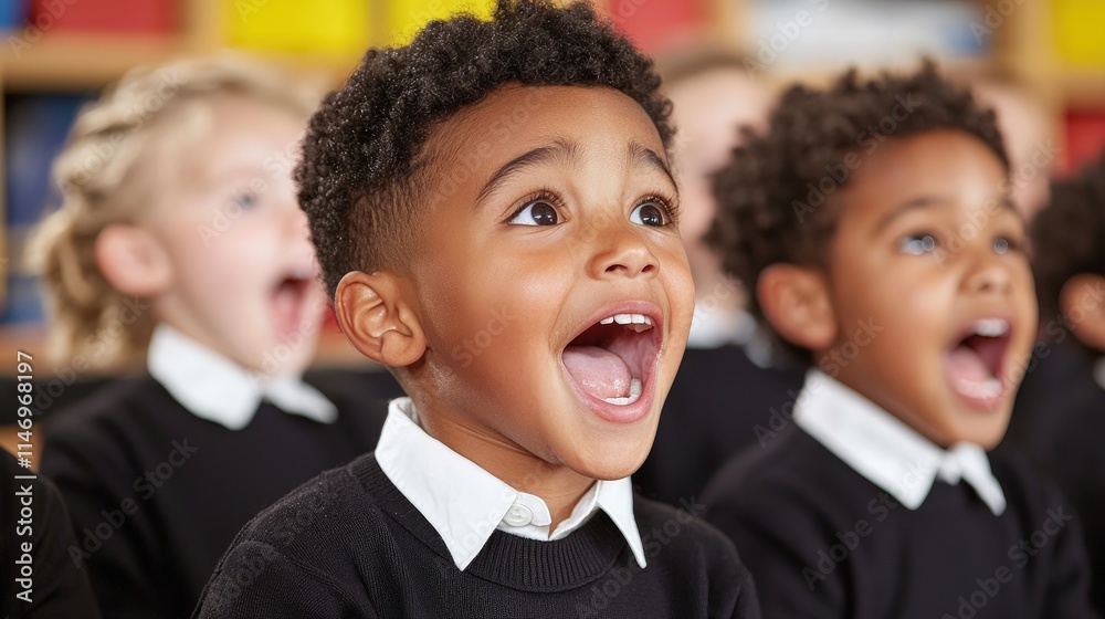 Diverse schoolchildren singing in a classroom. Diverse schoolchildren singing in a classroom.