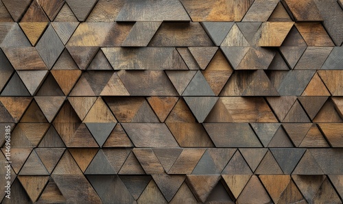 Fototapeta Naklejka Na Ścianę i Meble -  Wood, Triangular Wall background with tiles. Timber, tile Wallpaper with Natural, 3D blocks.