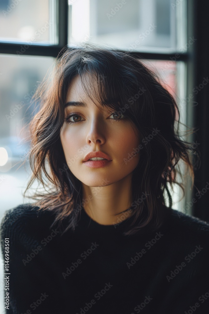 Portrait of a young woman with tousled hair and natural makeup sitting by a large window in a cozy urban cafe during the daytime Portrait of a young woman with tousled hair and natural makeup sitting by a large window in a cozy urban cafe during the daytime