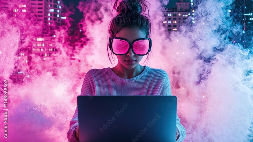 Focused woman in pink-tinted futuristic glasses working on laptop surrounded by neon smoke