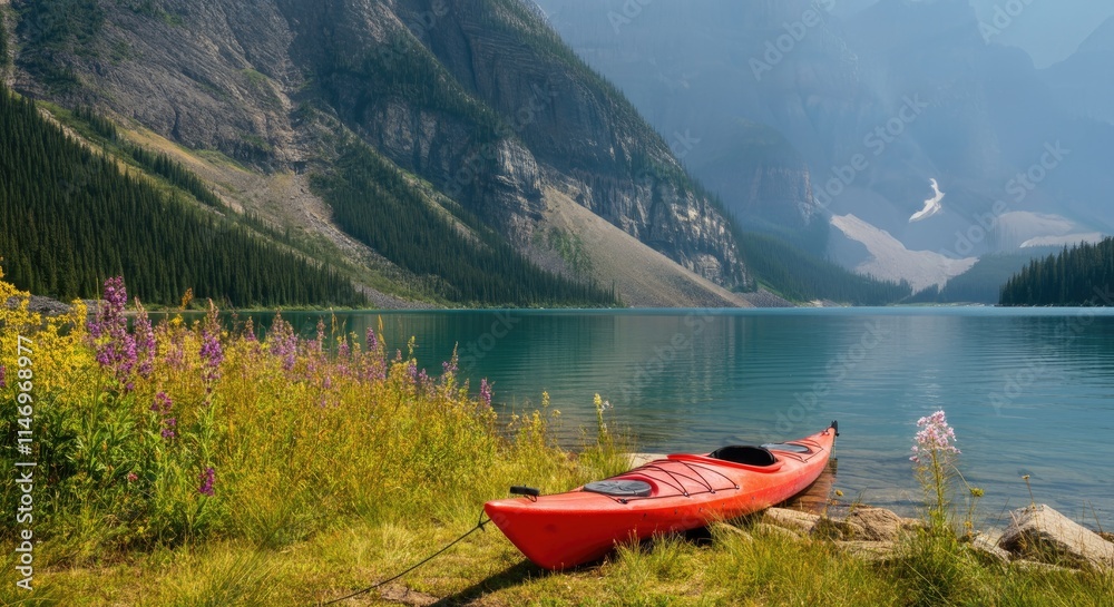 Red kayak on serene mountain lake with wildflowers in foreground Red kayak on serene mountain lake with wildflowers in foreground