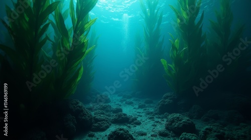 Dark Underwater Kelp Forest with Filtered Sunlight
