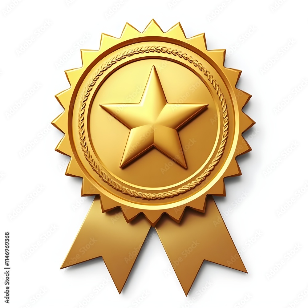 Golden 3D Assurance Medal with Star and Ribbon, Independent Realistic Certification Badge. Golden 3D Assurance Medal with Star and Ribbon, Independent Realistic Certification Badge.