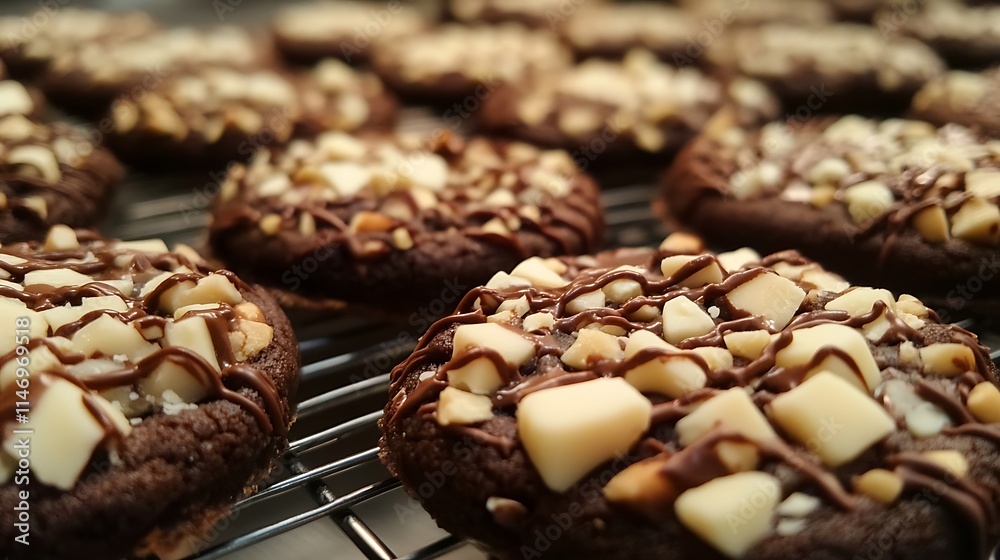 Closeup of gourmet cookies with chunks of nuts and chocolate Closeup of gourmet cookies with chunks of nuts and chocolate