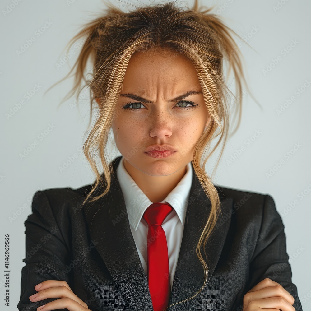 Angry woman, blond hair, business suit with red tie, white background. Angry woman, blond hair, business suit with red tie, white background.