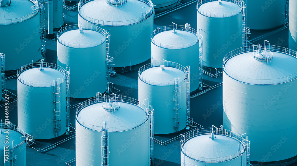 A detailed perspective of oil refinery plant storage tanks, showing the texture of metal, with clear reflections of the surrounding structures. A detailed perspective of oil refinery plant storage tanks, showing the texture of metal, with clear reflections of the surrounding structures.
