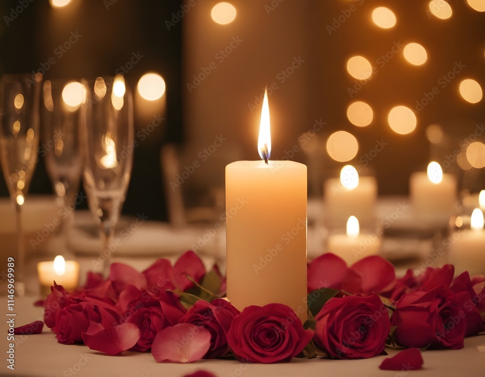 A closeup of a glowing candle surrounded by soft bokeh lights and rose petals on a romantic valentine day dinner table, with a warm atmosphere. The candlelight reflects gently on the polished table A closeup of a glowing candle surrounded by soft bokeh lights and rose petals on a romantic valentine day dinner table, with a warm atmosphere. The candlelight reflects gently on the polished table