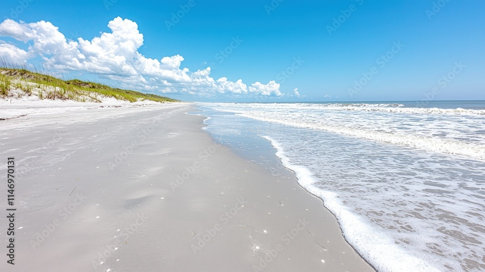 Serene beach scene with white sand, gentle waves, and a clear blue sky. Serene beach scene with white sand, gentle waves, and a clear blue sky.