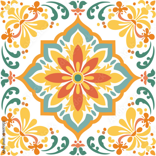 Traditional Azulejo ceramic tiles. Vector Italian print for fabric and wallpaper. Sicilian majolica in blue and yellow colors. Mediterranean style ornament.