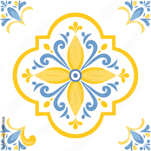 Traditional Azulejo ceramic tiles. Vector Italian print for fabric and wallpaper. Sicilian majolica in blue and yellow colors. Mediterranean style ornament.