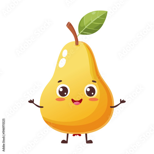 Cute pear vector character. Juicy ripe fruit in cartoon style for packaging design and prints.