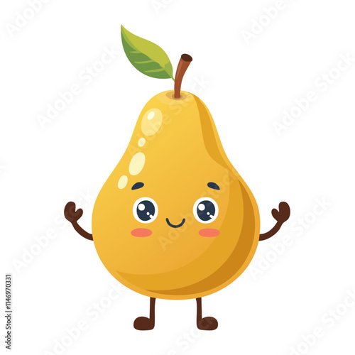 Cute pear vector character. Juicy ripe fruit in cartoon style for packaging design and prints.