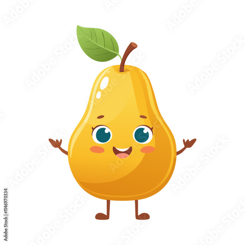 Cute pear vector character. Juicy ripe fruit in cartoon style for packaging design and prints.