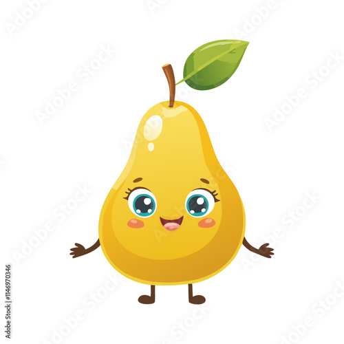 Cute pear vector character. Juicy ripe fruit in cartoon style for packaging design and prints.