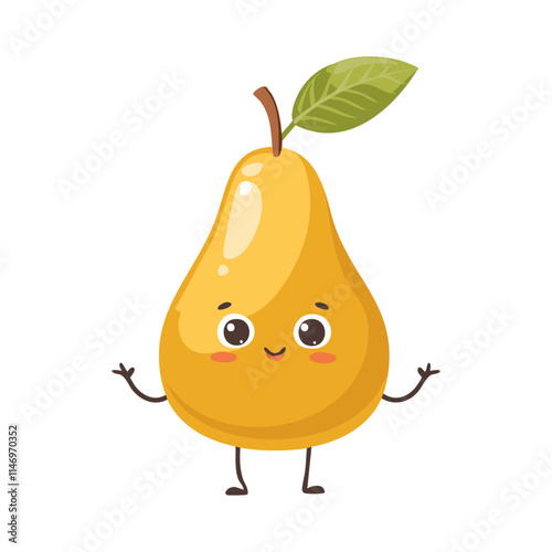 Cute pear vector character. Juicy ripe fruit in cartoon style for packaging design and prints.
