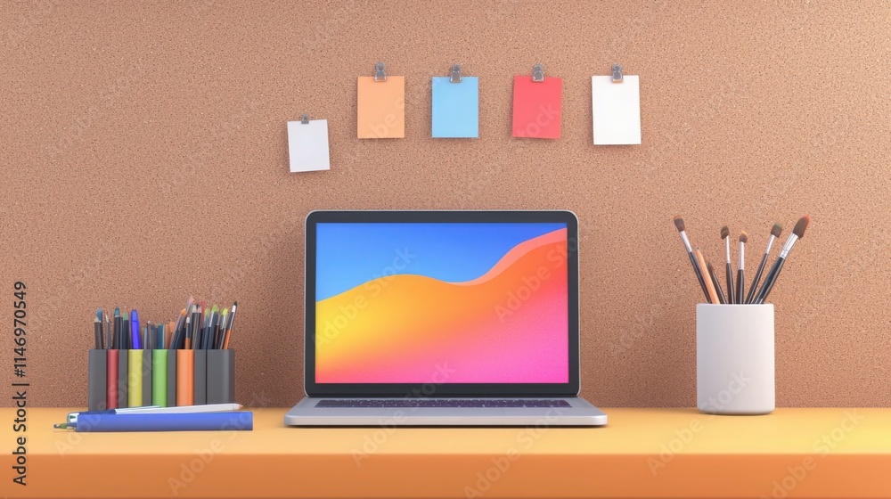 A modern, colorful desk setup with sketchbooks, paints A modern, colorful desk setup with sketchbooks, paints