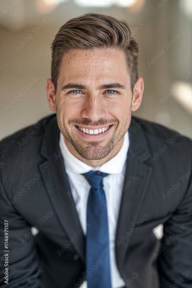 A confident and smart businessman with a charming smile, wearing a stylish black suit and a blue tie looking at camera A confident and smart businessman with a charming smile, wearing a stylish black suit and a blue tie looking at camera