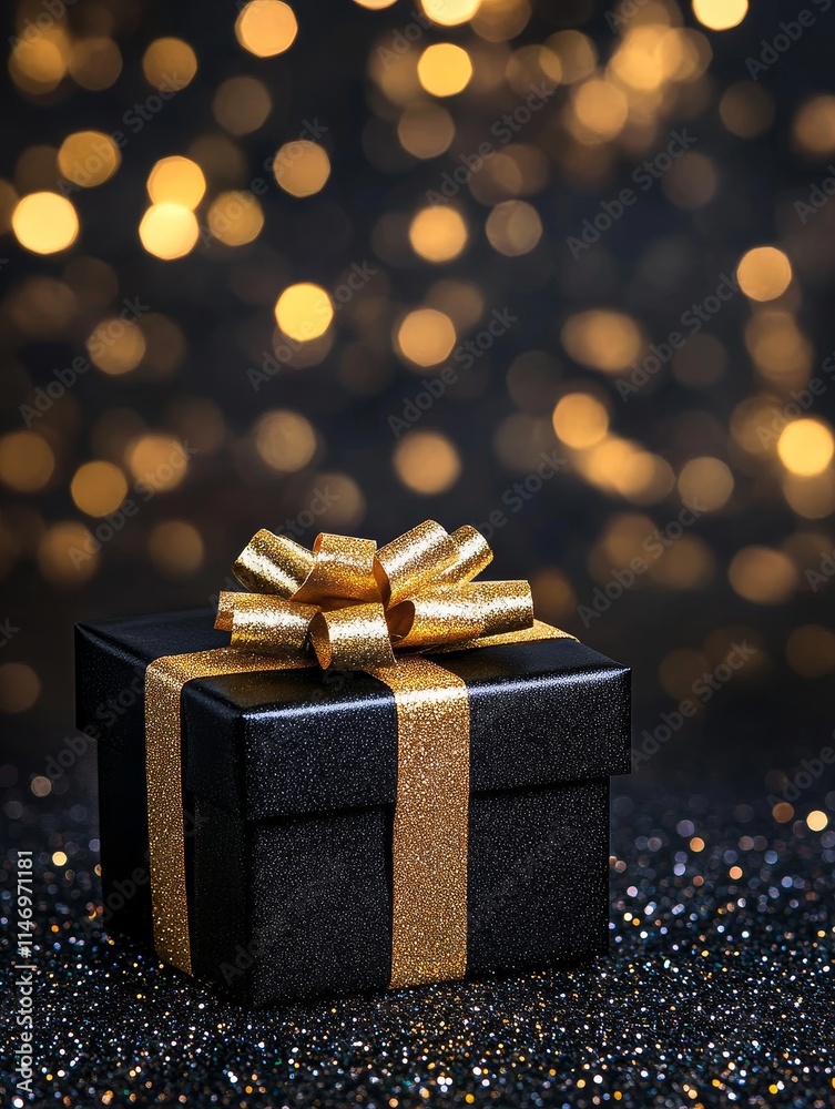 A Black Gift Box with Gold Bow - Elegant black gift box adorned with a gold bow, symbolizing luxury, celebration, surprise, appreciation, and success. A Black Gift Box with Gold Bow - Elegant black gift box adorned with a gold bow, symbolizing luxury, celebration, surprise, appreciation, and success.
