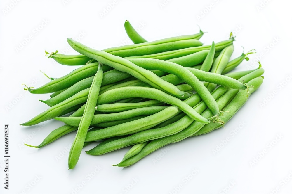 A pile of freshly picked green beans neatly arranged on a white background A pile of freshly picked green beans neatly arranged on a white background