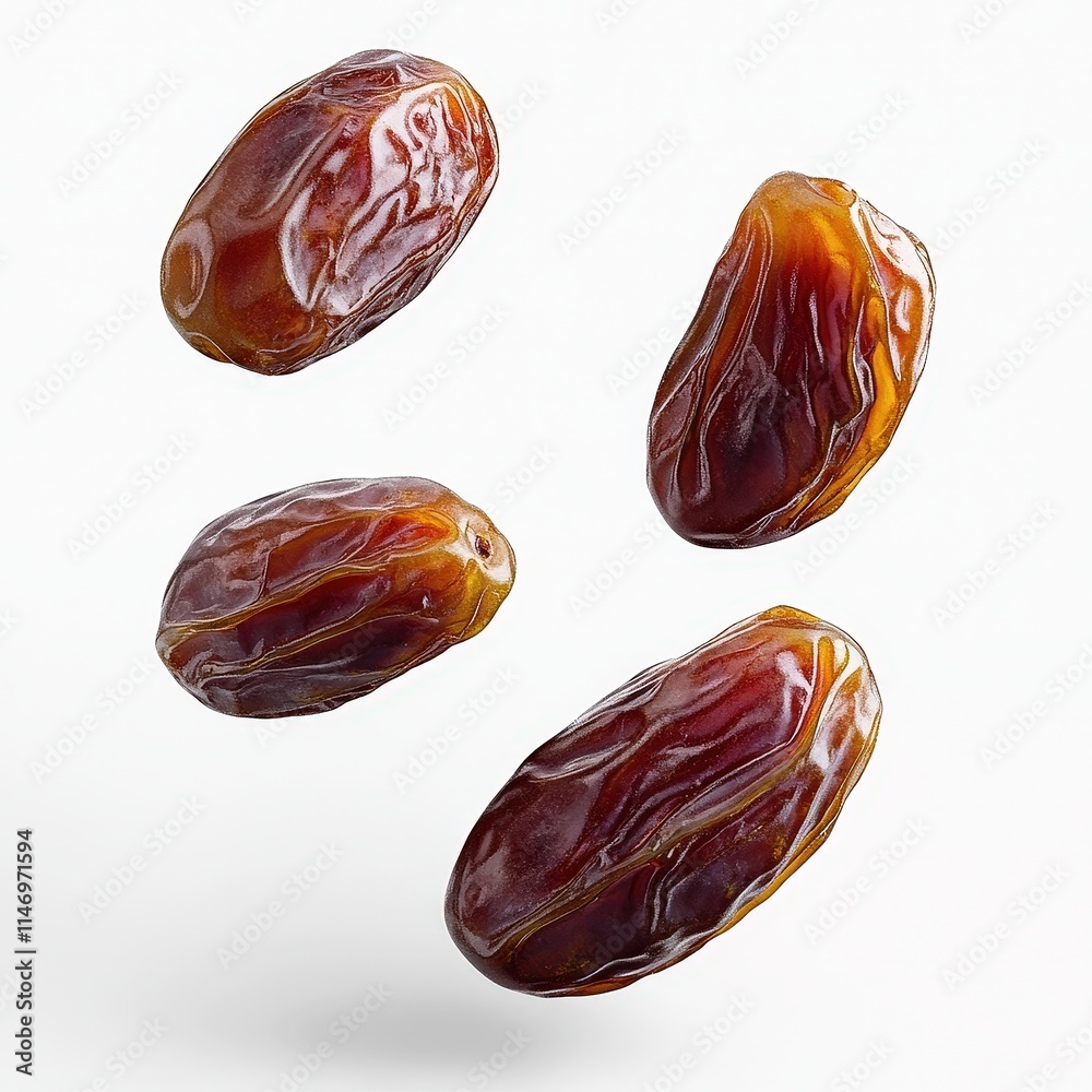Floating Dates: A Closeup of Four Sweet Medjool Dates Against a White Background Floating Dates: A Closeup of Four Sweet Medjool Dates Against a White Background
