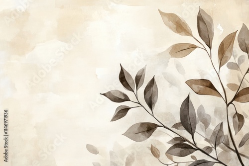 Watercolor painting of brown leaves and branches on a beige background.