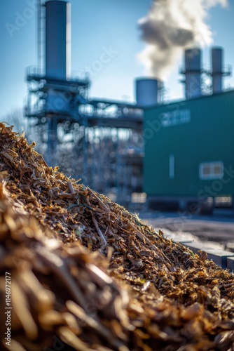 Industrial landscape featuring a pile of woodchips with smokestacks beneath a clear blue sky in daytime