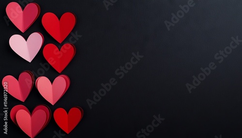 Red and pink paper hearts, cut out and placed on black paper, with room for text. photo