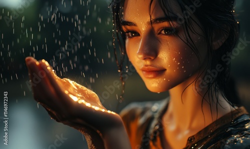 Woman holding her hand out to feel rain, her face lit with bliss and nostalgia, droplets glistening on her skin, soft ambient tones and a dreamy atmosphere, .