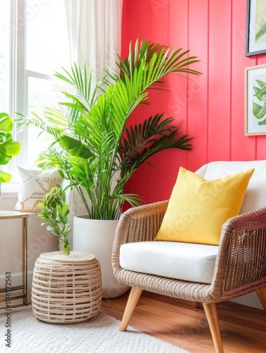 Cozy Pink Living Room with Palm Plant - Relaxing living room, vibrant pink wall, potted palm, wicker chair, yellow pillow; symbolizes tranquility, vibrancy, nature, comfort, style. photo